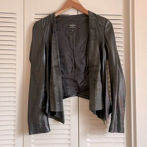 Bebe Black Leather Jacket with Asymmetrical Cut and Suede Draped Front